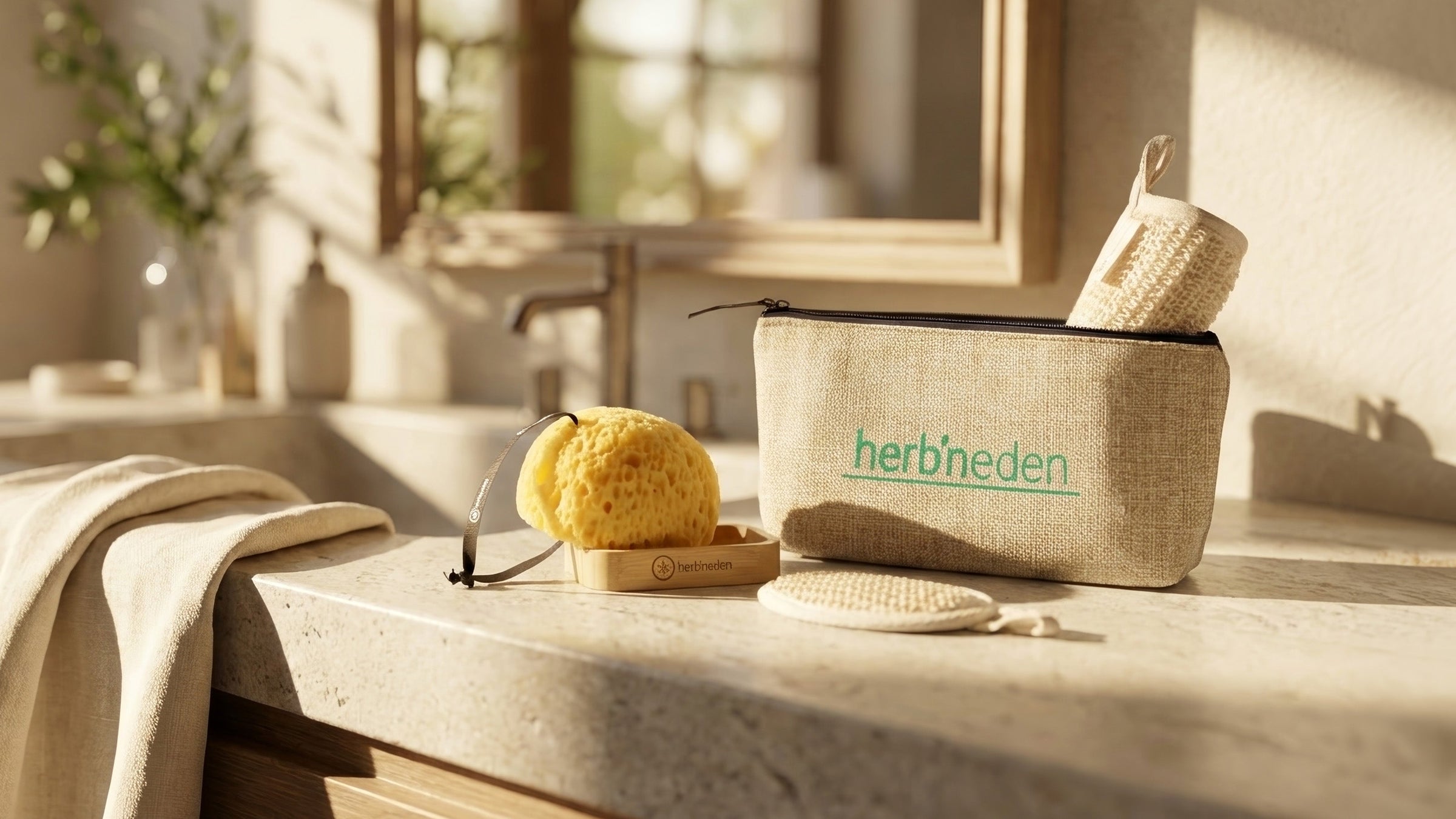 Herb’n Eden bath and shower accessories arranged on a bathroom countertop in warm sunlight.