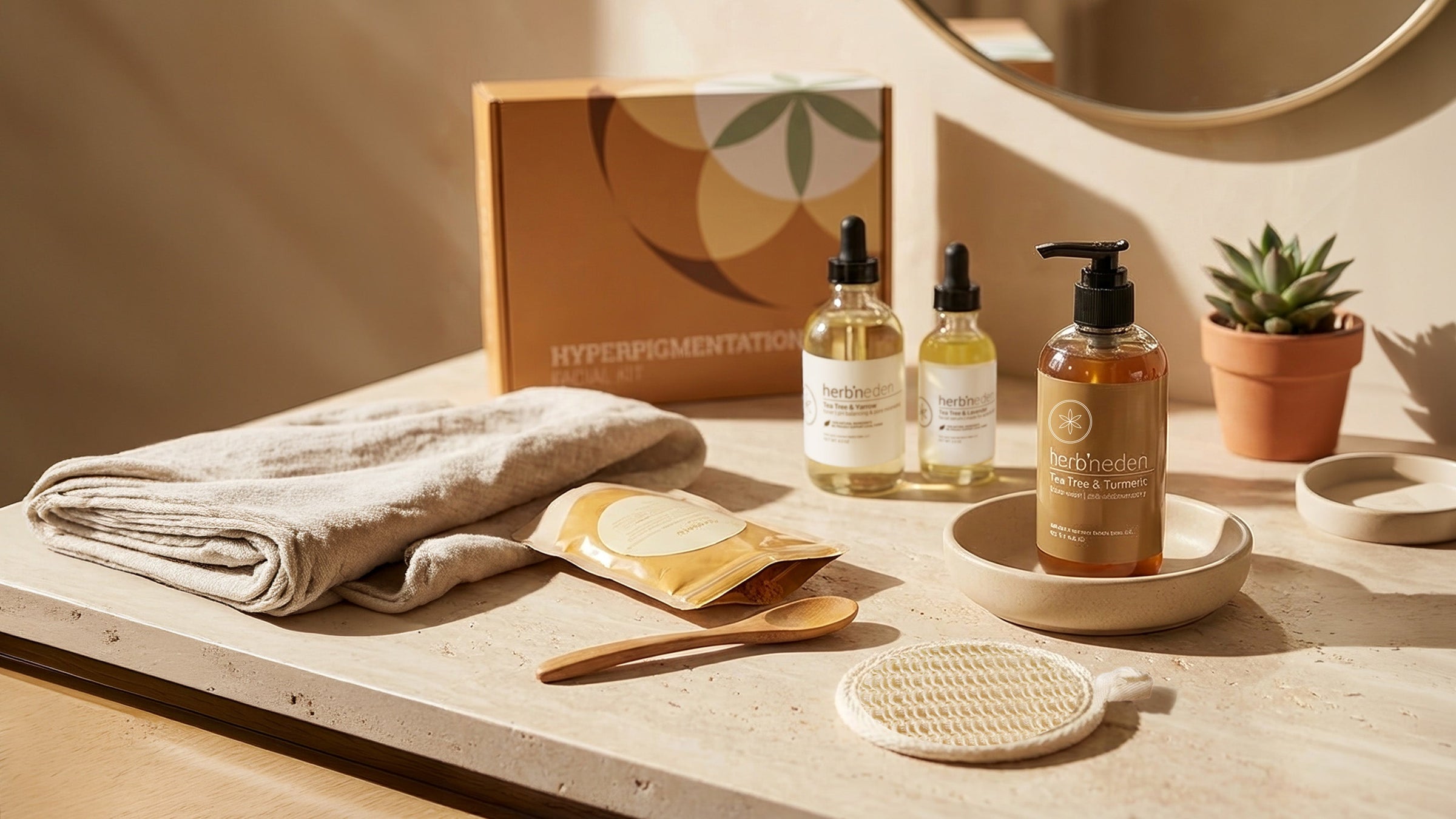 Herb’n Eden hyperpigmentation facial kit and skincare products arranged on a countertop with towel, wooden spoon, and natural accessories in warm sunlight.