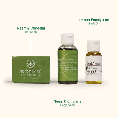 all-natural neem & chlorella body wash, body oil, & bar soap made with premium essential oils | herb'neden