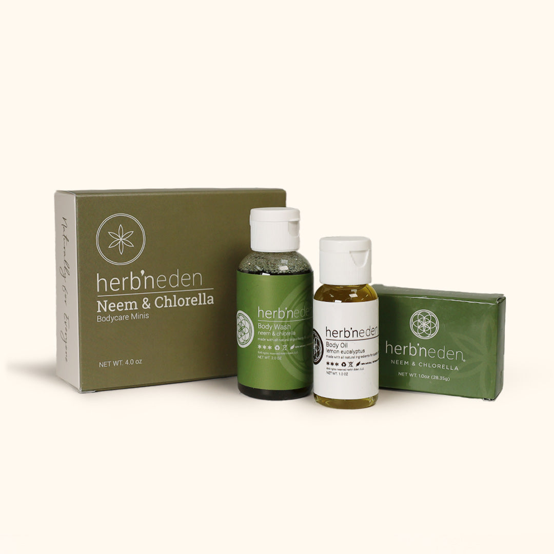 neem & chlorella bodycare mini set featuring a body wash, body oil, & bar soap | herb'neden