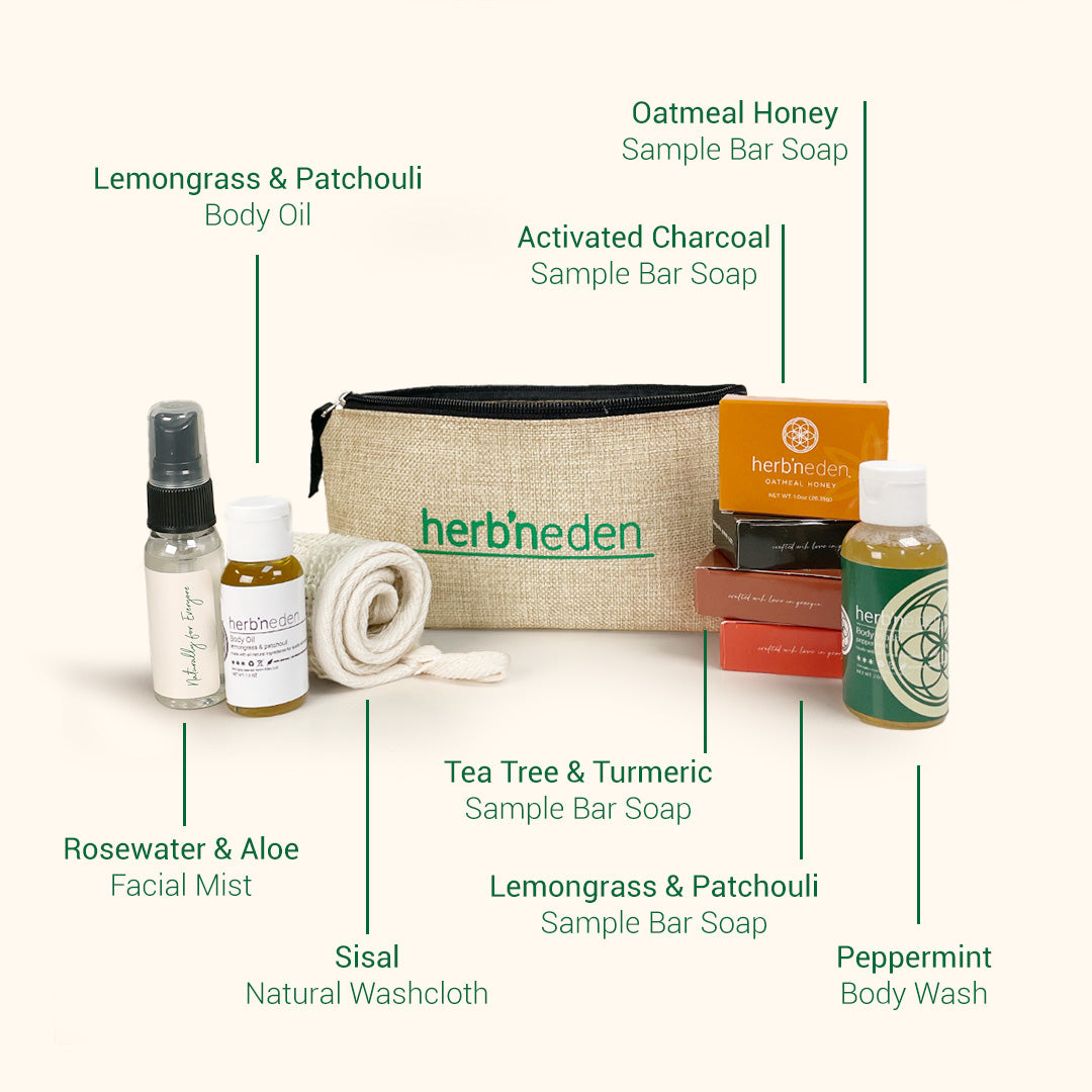 herb'neden essentials kit includes bar soap, body oil, body wash, facial mist and a wash cloth