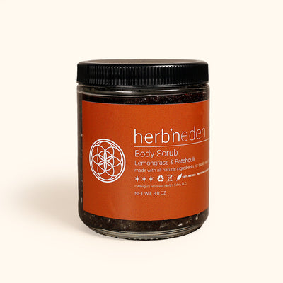 8 oz lemongrass and patchouli body scrub | herb'neden | naturally for everyone