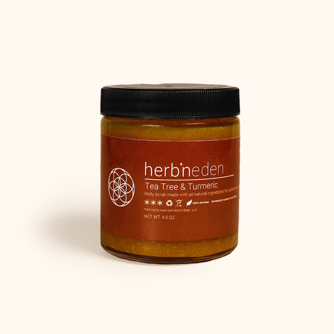 all natural tea tree & turmeric body scrub | gently exfoliates and reveals skin's natural glow | herbneden