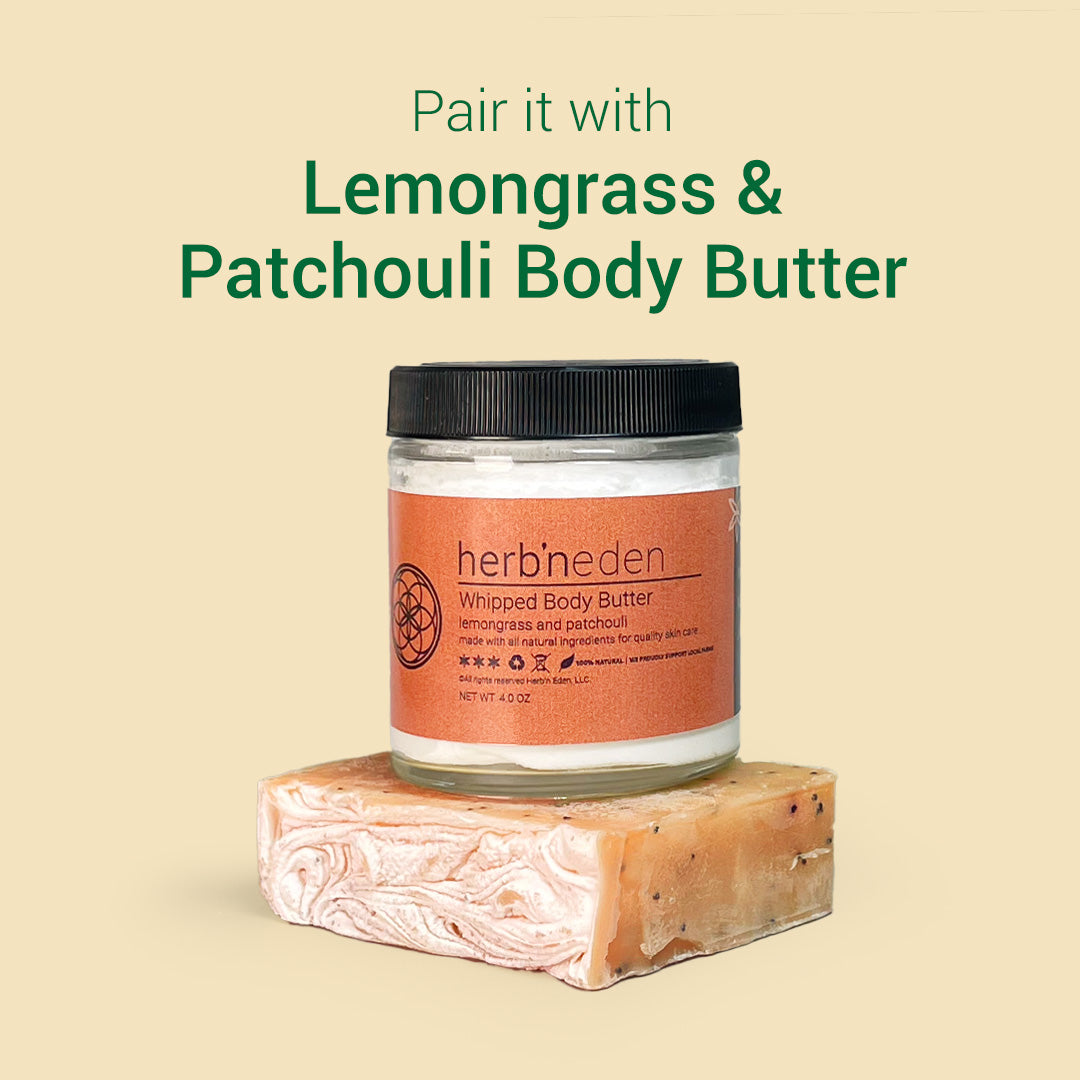 all natural lemongrass & patchouli bar soap with essentials oil pairs well with the lemongrass & patchouli body butter | herbneden