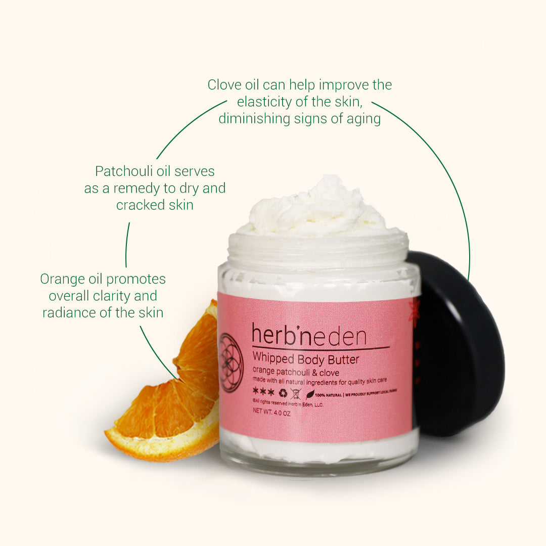 all natural orange patchouli & clove body butter with essential oils | herbneden