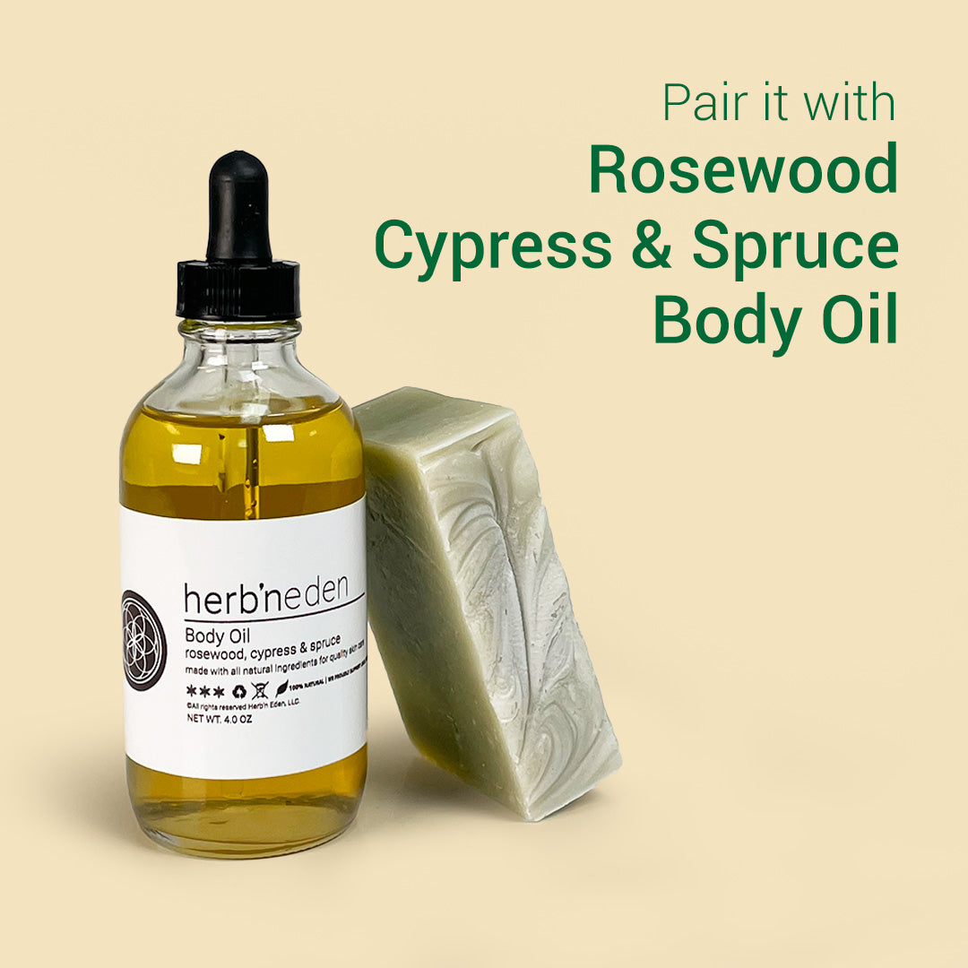 all natural rosewood cypress & spruce bar soap | pairs well with rosewood cypress & spruce body oil |  herbneden